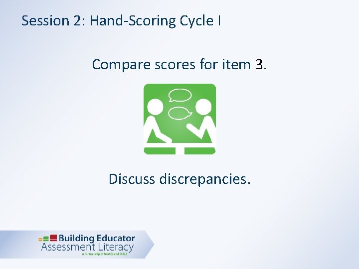 Session 2: Hand-Scoring Cycle I Compare scores for item 3. Discuss discrepancies. 