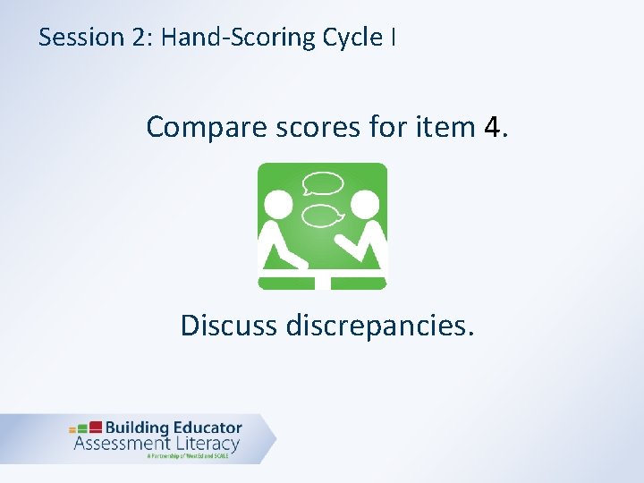 Session 2: Hand-Scoring Cycle I Compare scores for item 4. Discuss discrepancies. 