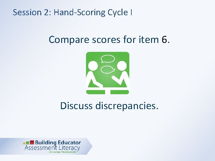 Session 2: Hand-Scoring Cycle I Compare scores for item 6. Discuss discrepancies. 