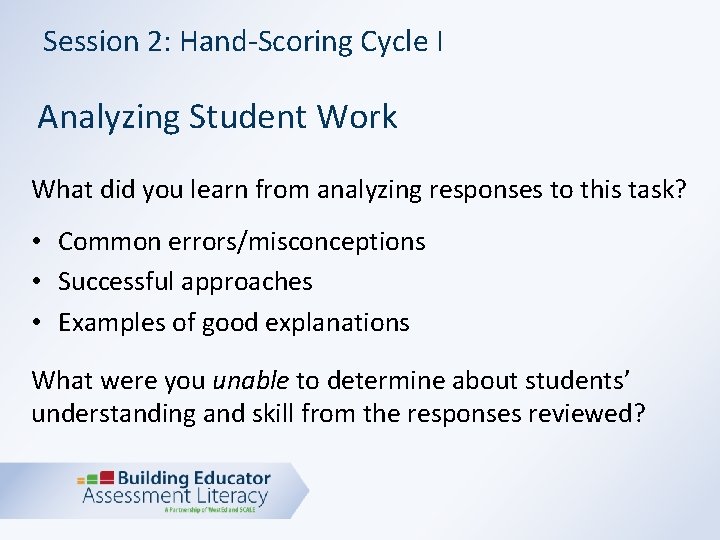 Session 2: Hand-Scoring Cycle I Analyzing Student Work What did you learn from analyzing