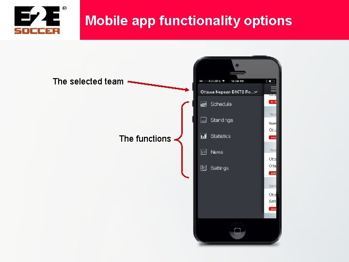 Mobile app functionality options The selected team The functions 