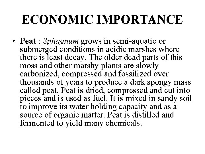 ECONOMIC IMPORTANCE • Peat : Sphagnum grows in semi-aquatic or submerged conditions in acidic