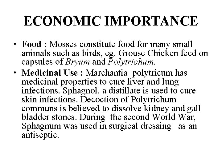 ECONOMIC IMPORTANCE • Food : Mosses constitute food for many small animals such as