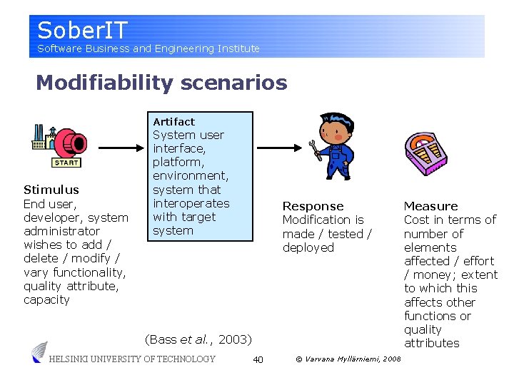 Sober. IT Software Business and Engineering Institute Modifiability scenarios Artifact Stimulus End user, developer,