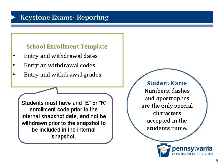 Keystone Exams- Reporting • • • School Enrollment Template Entry and withdrawal dates Entry