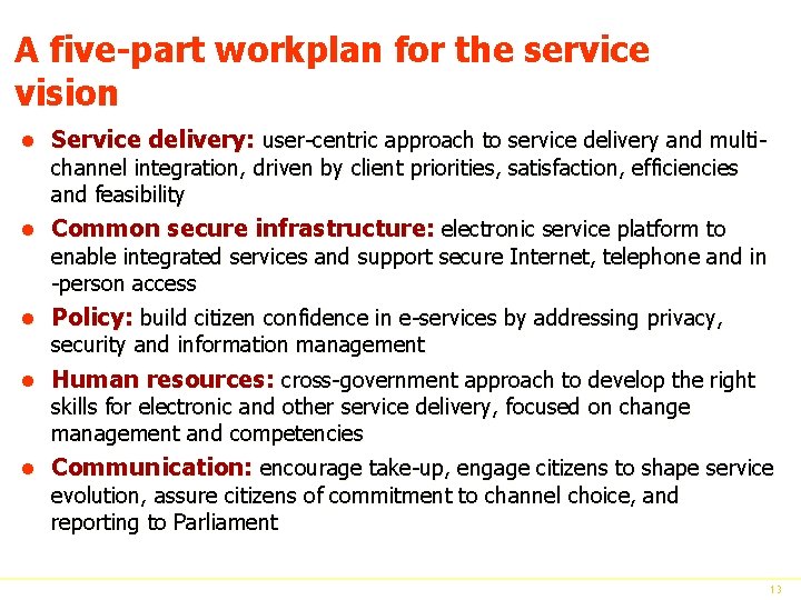 A five-part workplan for the service vision l Service delivery: user-centric approach to service