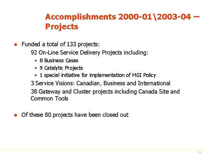 Accomplishments 2000 -012003 -04 – Projects l Funded a total of 133 projects: –