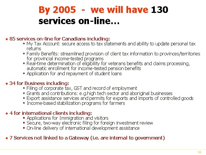 By 2005 - we will have 130 services on-line… l 85 services on-line for