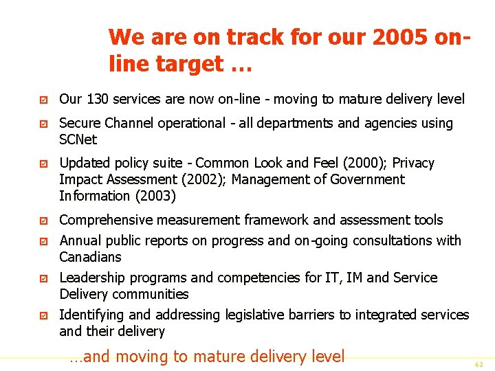 We are on track for our 2005 online target … þ Our 130 services