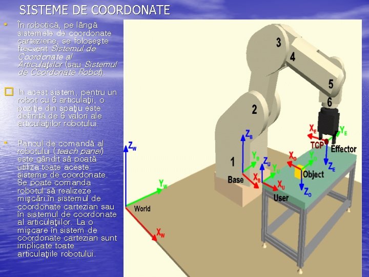SISTEME DE COORDONATE • În robotică, pe lângă sistemele de coordonate carteziene, se foloseşte