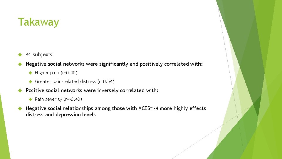 Takaway 41 subjects Negative social networks were significantly and positively correlated with: Higher pain