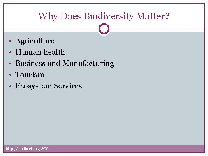 Why Does Biodiversity Matter? • Agriculture • Human health • Business and Manufacturing •