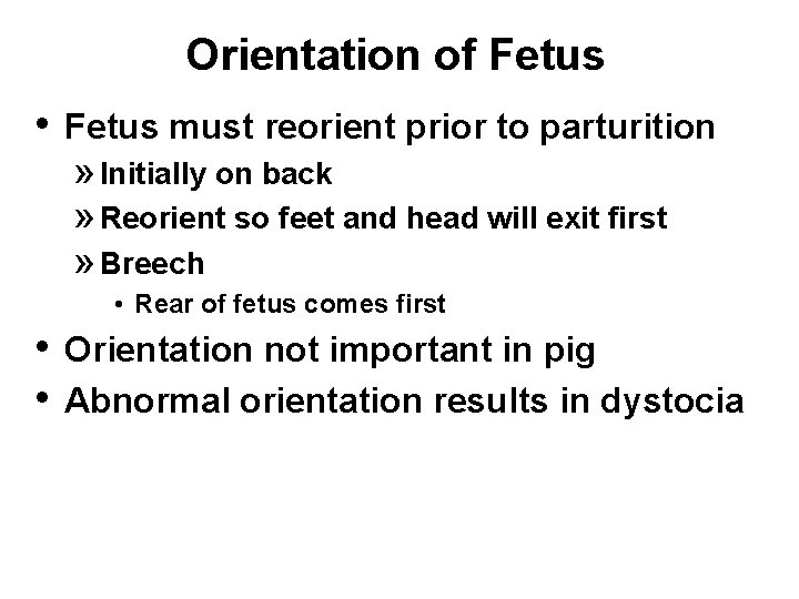 Orientation of Fetus • Fetus must reorient prior to parturition » Initially on back
