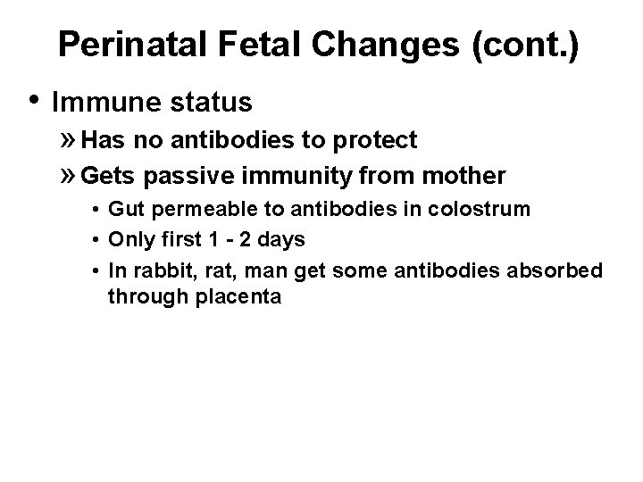 Perinatal Fetal Changes (cont. ) • Immune status » Has no antibodies to protect