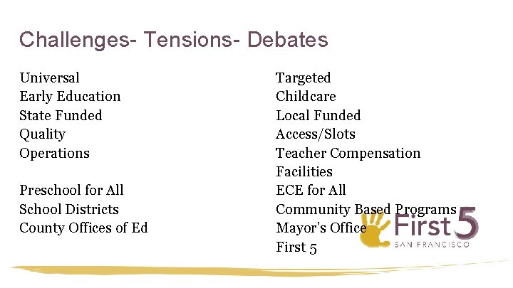 Challenges- Tensions- Debates Universal Early Education State Funded Quality Operations Preschool for All School