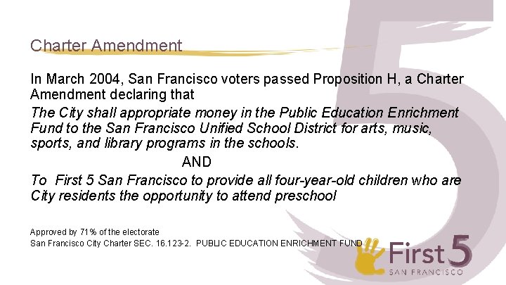 Charter Amendment In March 2004, San Francisco voters passed Proposition H, a Charter Amendment