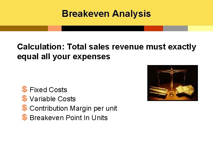 Breakeven Analysis Calculation: Total sales revenue must exactly equal all your expenses $ Fixed