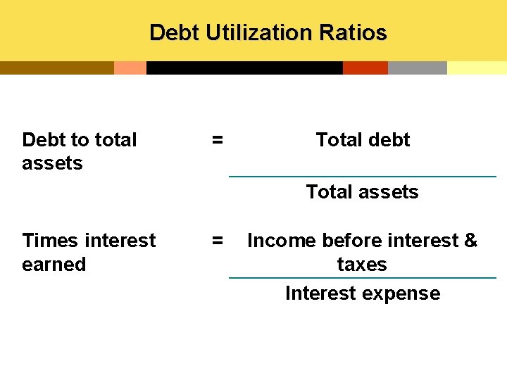 Debt Utilization Ratios Debt to total assets = Total debt Total assets Times interest