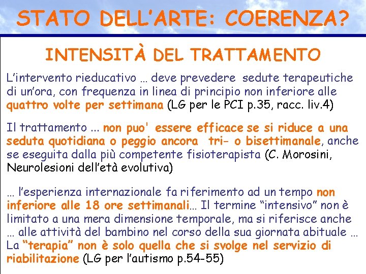 STATO DELL’ARTE: COERENZA? INTENSITÀ DEL TRATTAMENTO L’intervento rieducativo … deve prevedere sedute terapeutiche di