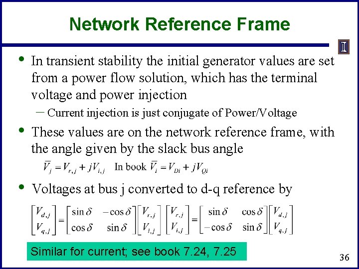 Network Reference Frame • In transient stability the initial generator values are set from
