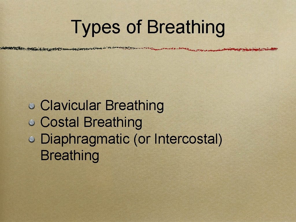 Types of Breathing Clavicular Breathing Costal Breathing Diaphragmatic (or Intercostal) Breathing 