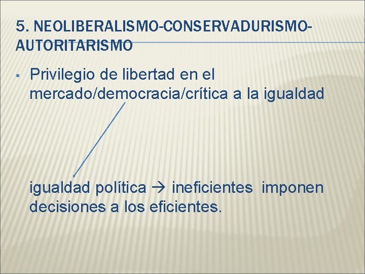5. NEOLIBERALISMO-CONSERVADURISMOAUTORITARISMO • Privilegio de libertad en el mercado/democracia/crítica a la igualdad política ineficientes