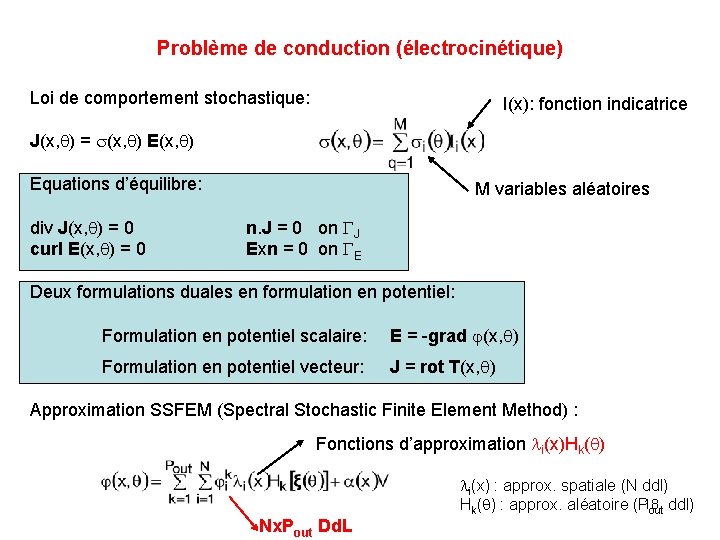 Problème de conduction (électrocinétique) Loi de comportement stochastique: I(x): fonction indicatrice J(x, ) =