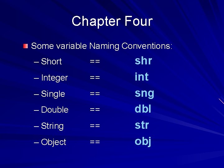 Chapter Four Some variable Naming Conventions: – Short == – Integer == – Single