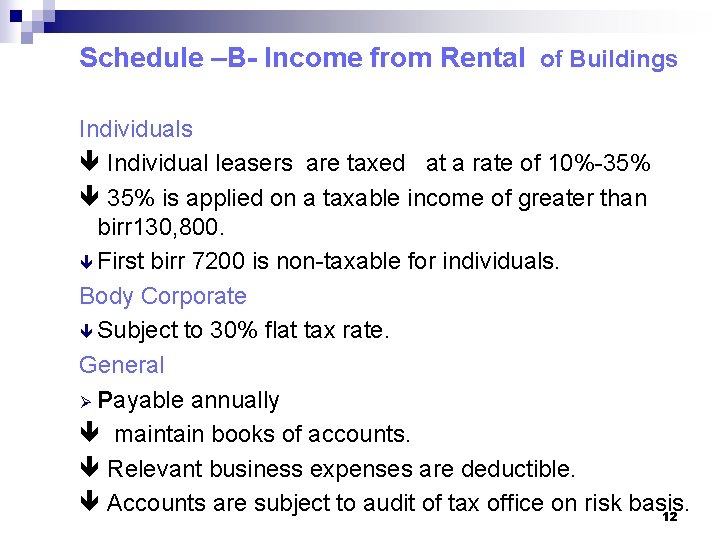 Schedule –B- Income from Rental of Buildings Individuals Individual leasers are taxed at a