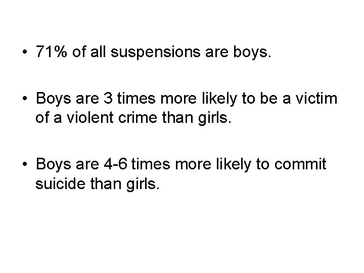  • 71% of all suspensions are boys. • Boys are 3 times more