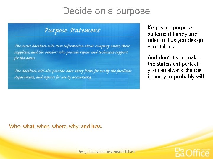 Decide on a purpose Keep your purpose statement handy and refer to it as