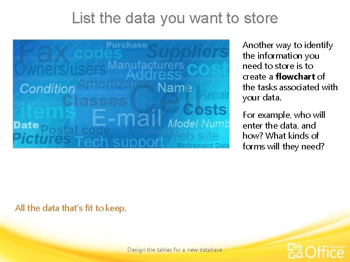 List the data you want to store Another way to identify the information you