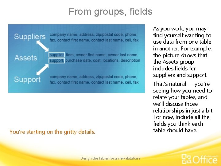 From groups, fields As you work, you may find yourself wanting to use data