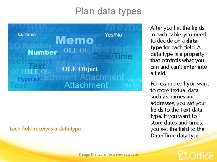 Plan data types After you list the fields in each table, you need to