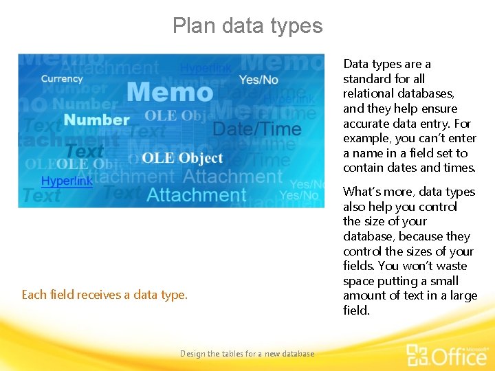 Plan data types Data types are a standard for all relational databases, and they
