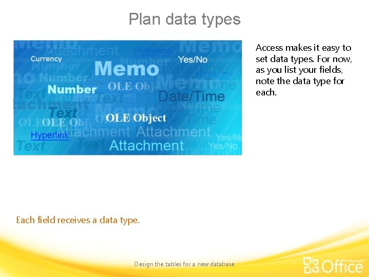 Plan data types Access makes it easy to set data types. For now, as