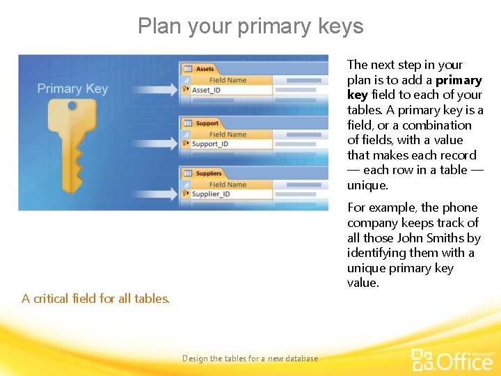 Plan your primary keys The next step in your plan is to add a