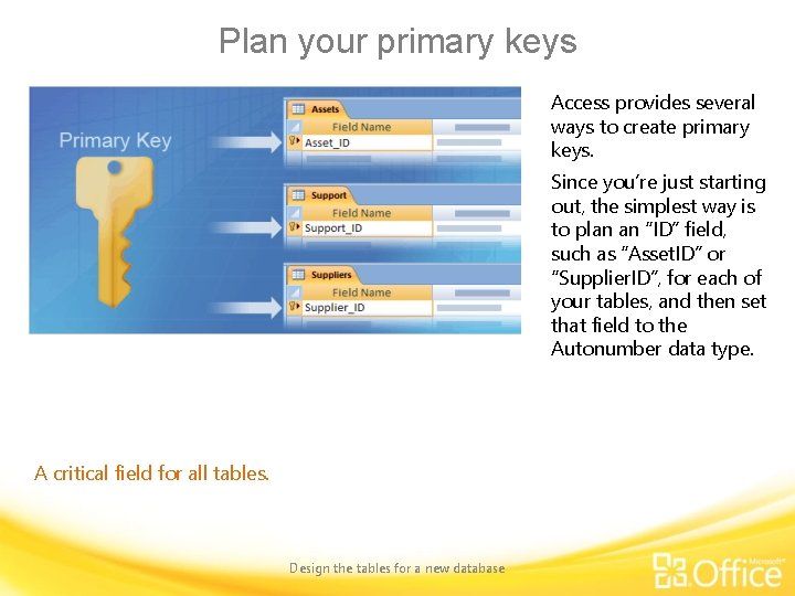 Plan your primary keys Access provides several ways to create primary keys. Since you’re