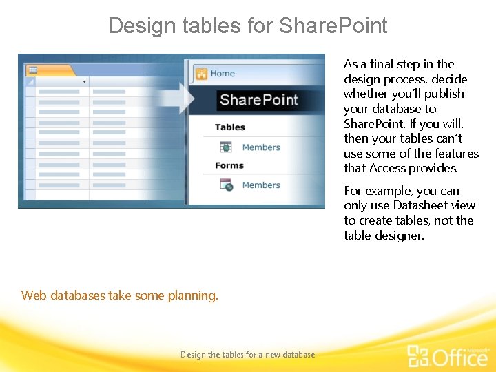 Design tables for Share. Point As a final step in the design process, decide