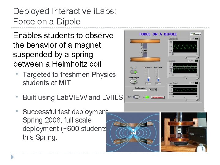 Deployed Interactive i. Labs: Force on a Dipole Enables students to observe the behavior