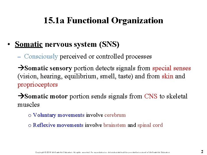 15. 1 a Functional Organization • Somatic nervous system (SNS) – Consciously perceived or