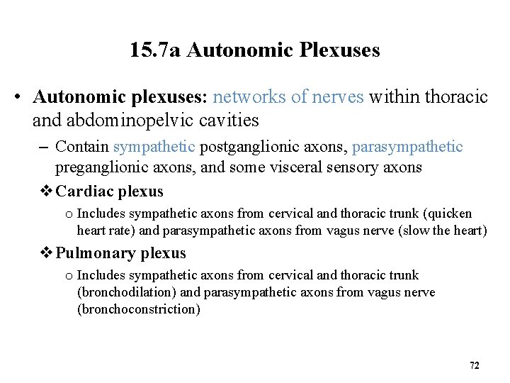 15. 7 a Autonomic Plexuses • Autonomic plexuses: networks of nerves within thoracic and