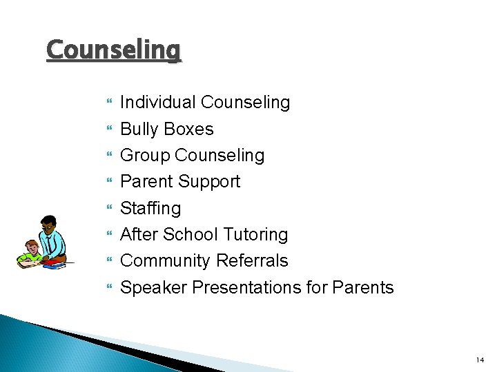 Counseling Individual Counseling Bully Boxes Group Counseling Parent Support Staffing After School Tutoring Community