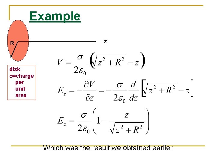 Example R z disk s=charge per unit area Which was the result we obtained