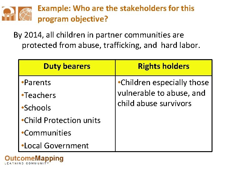 Example: Who are the stakeholders for this program objective? By 2014, all children in