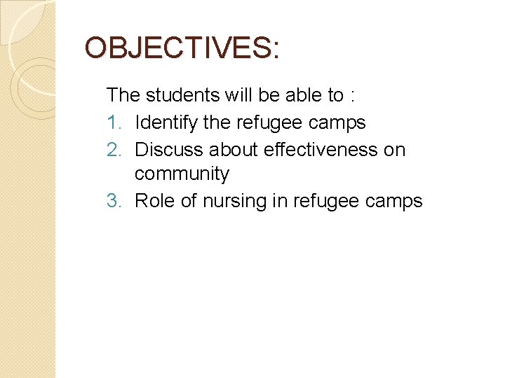 OBJECTIVES: The students will be able to : 1. Identify the refugee camps 2.