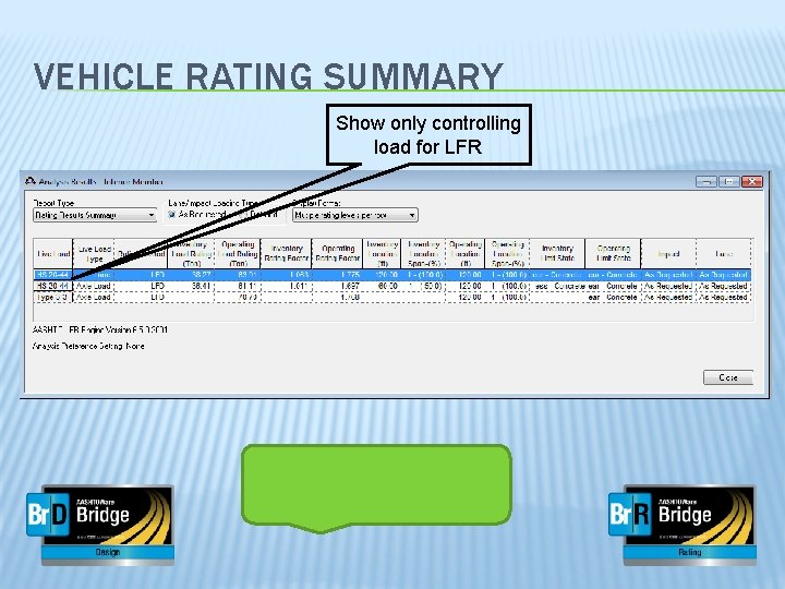 VEHICLE RATING SUMMARY Show only controlling load for LFR 