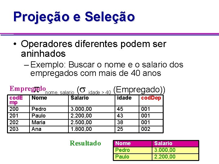 Projeção e Seleção • Operadores diferentes podem ser aninhados – Exemplo: Buscar o nome