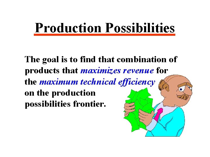 Production Possibilities The goal is to find that combination of products that maximizes revenue