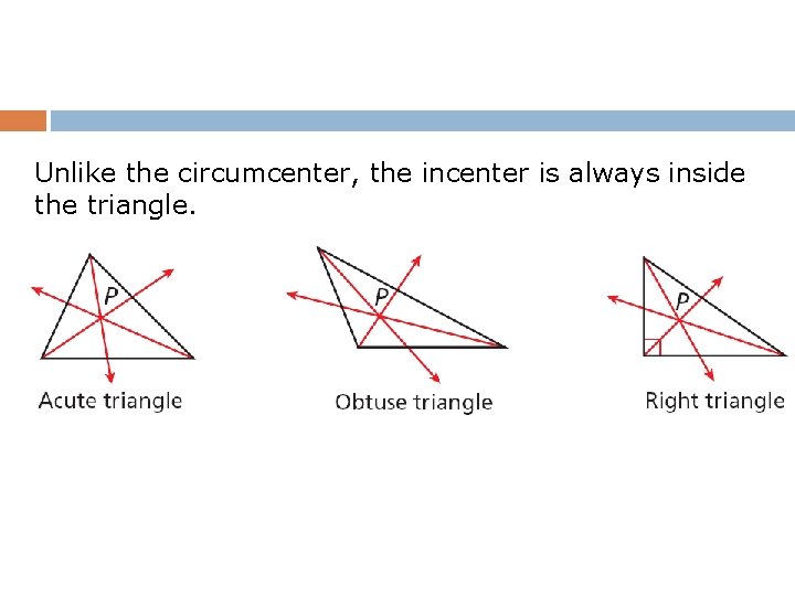 Unlike the circumcenter, the incenter is always inside the triangle. 